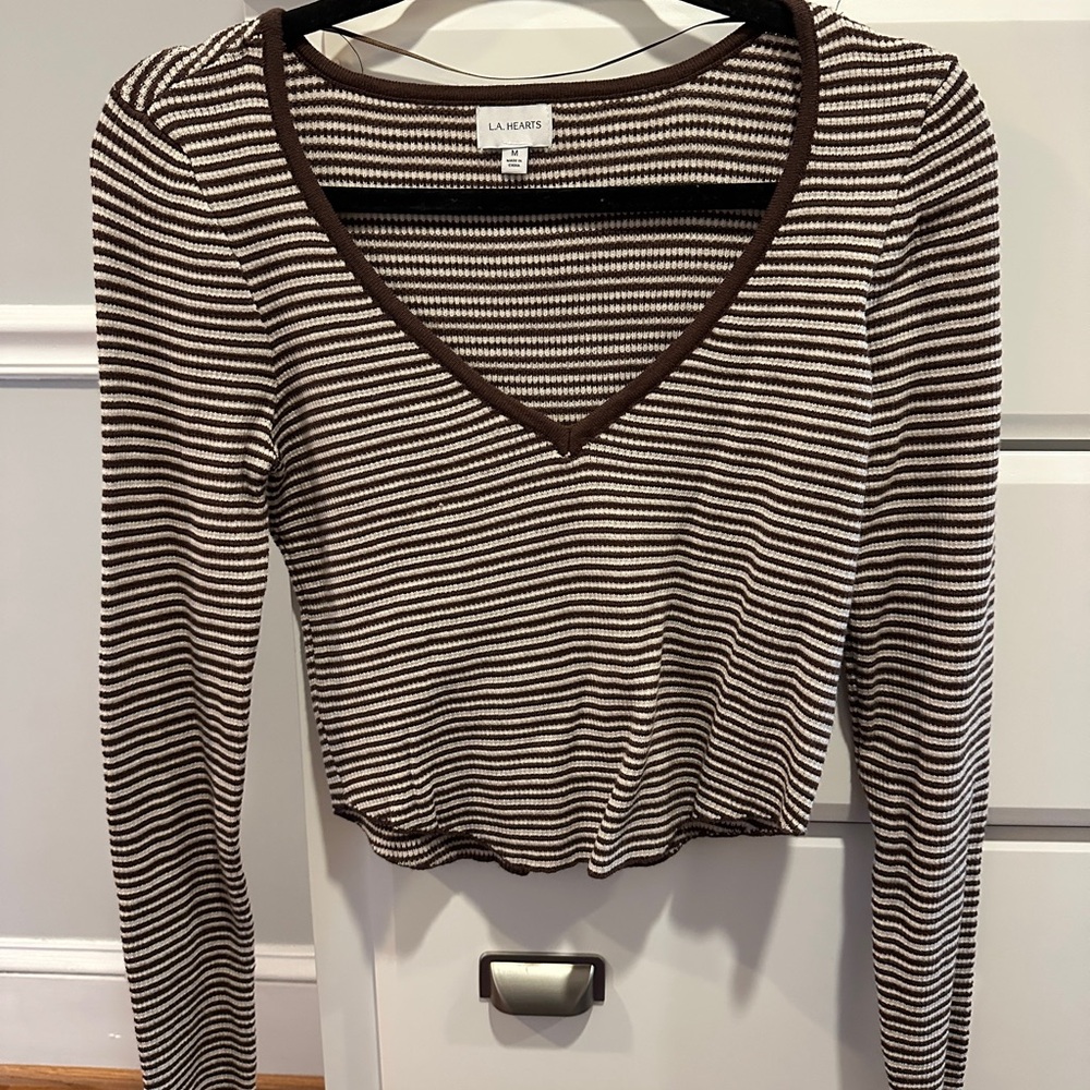 La Hearts Brown and White Striped V-Neck Sweater